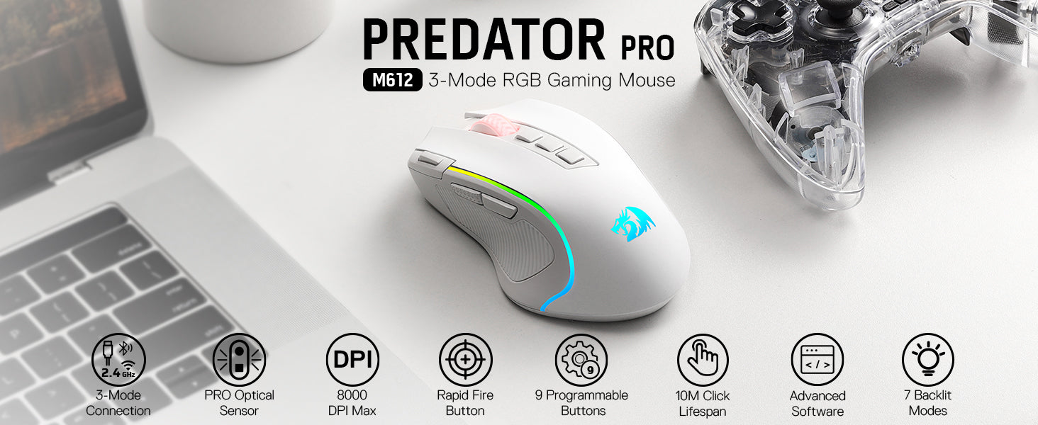 Redragon M612 PRO RGB 8000 DPI Wireless Gaming Mouse, White