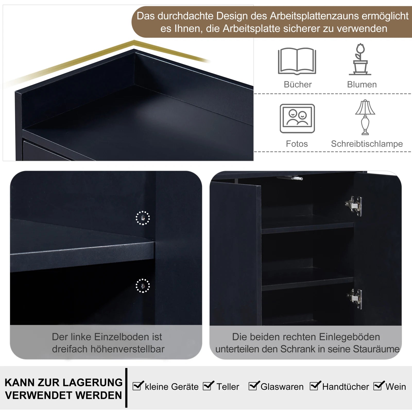 Modernes 4-türiges Sideboard ohne Griffe – Minimalistisches Buffet für Esszimmer, Wohnzimmer & Küche (Schwarz)