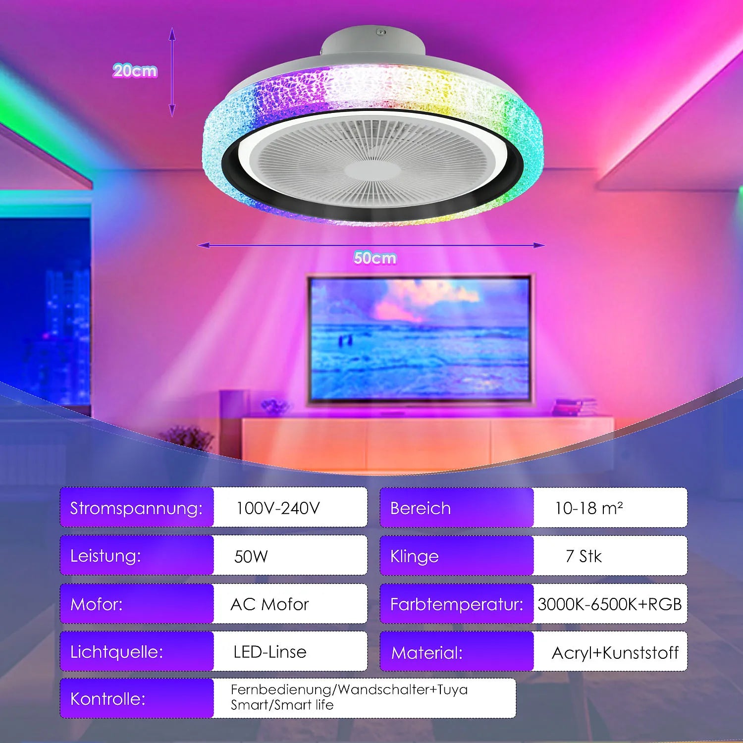 LED Deckenventilator mit Licht & Bluetooth Musik – Dimmbar, RGB Farbwechsel, Fernbedienung