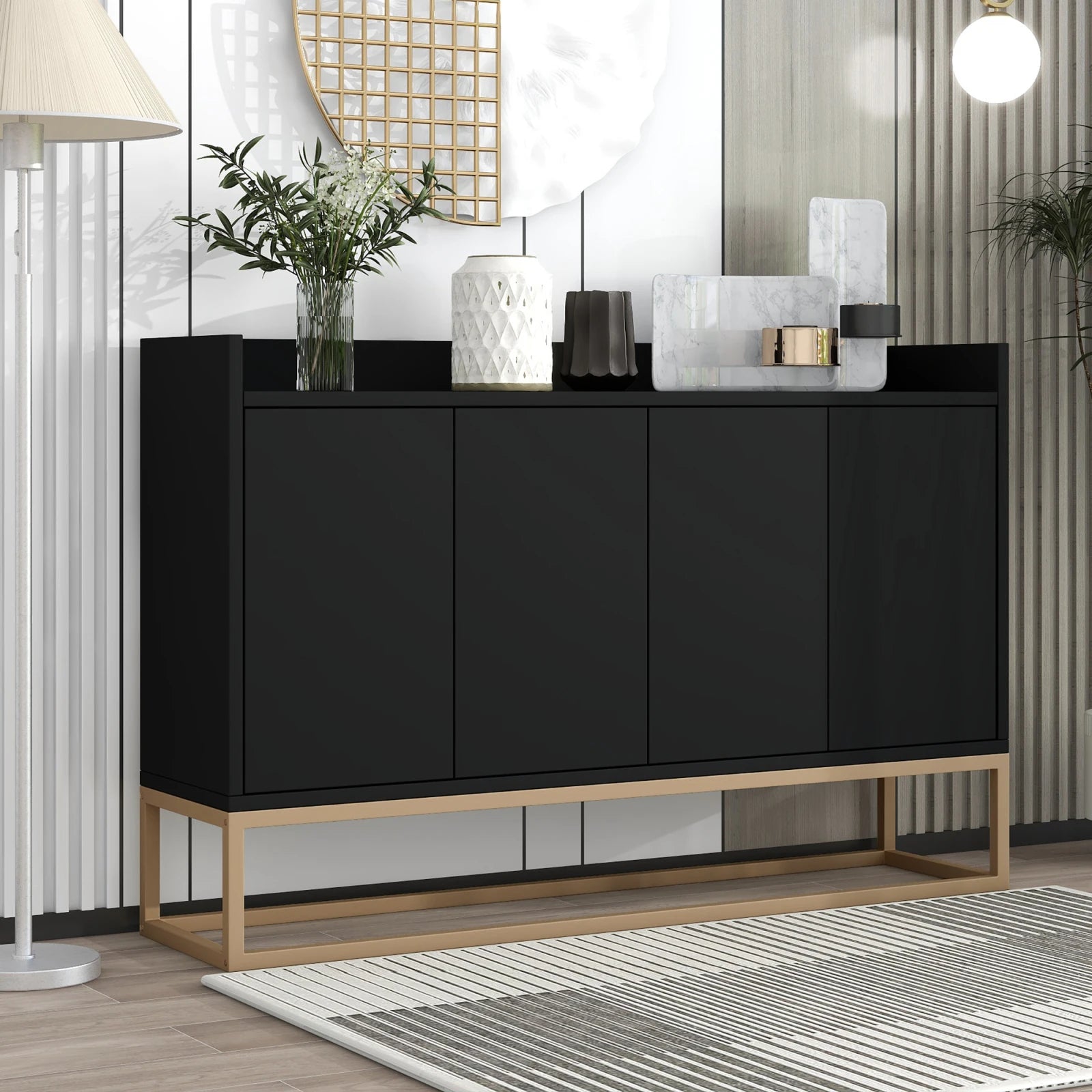 Modernes 4-türiges Sideboard ohne Griffe – Minimalistisches Buffet für Esszimmer, Wohnzimmer & Küche (Schwarz)