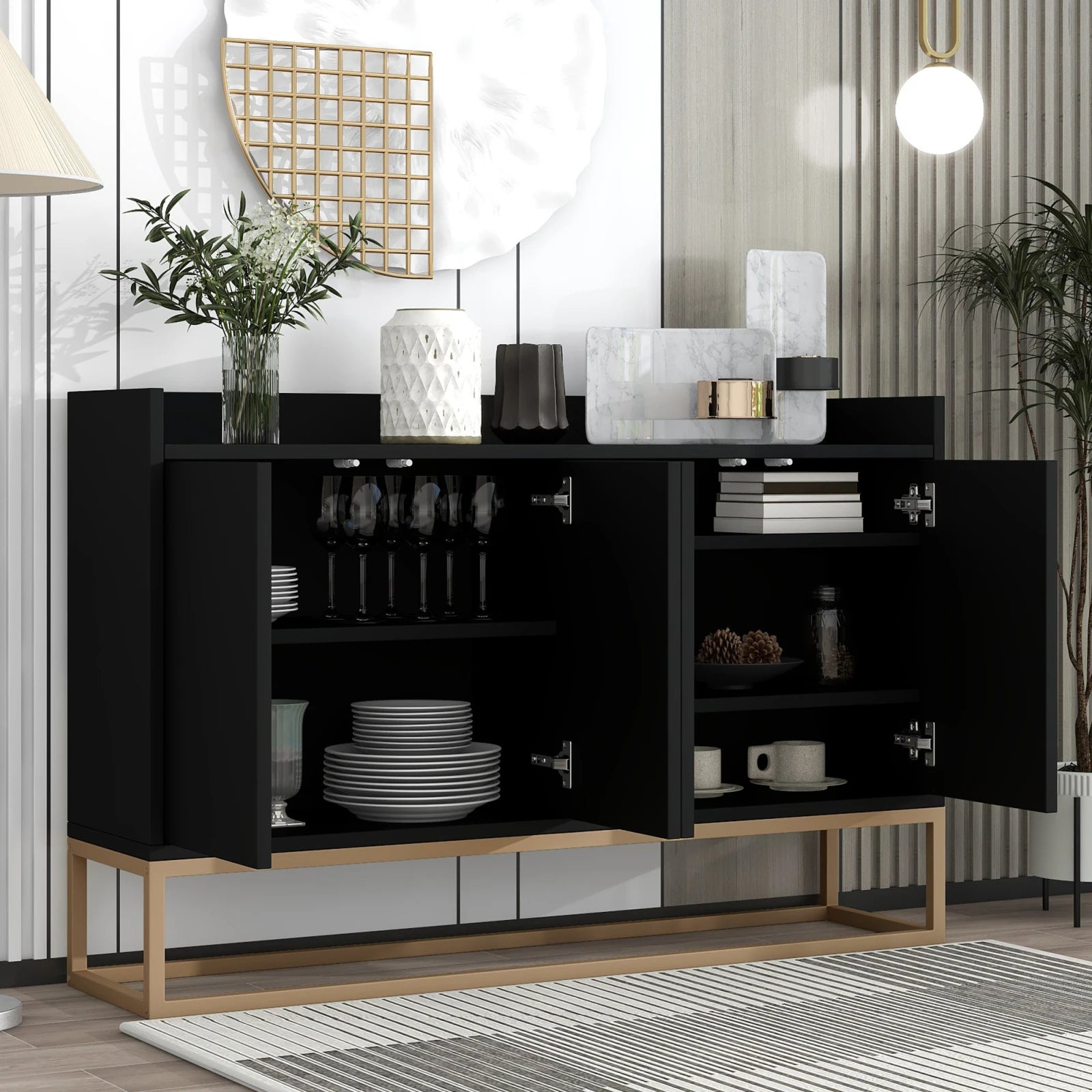 Modernes 4-türiges Sideboard ohne Griffe – Minimalistisches Buffet für Esszimmer, Wohnzimmer & Küche (Schwarz)