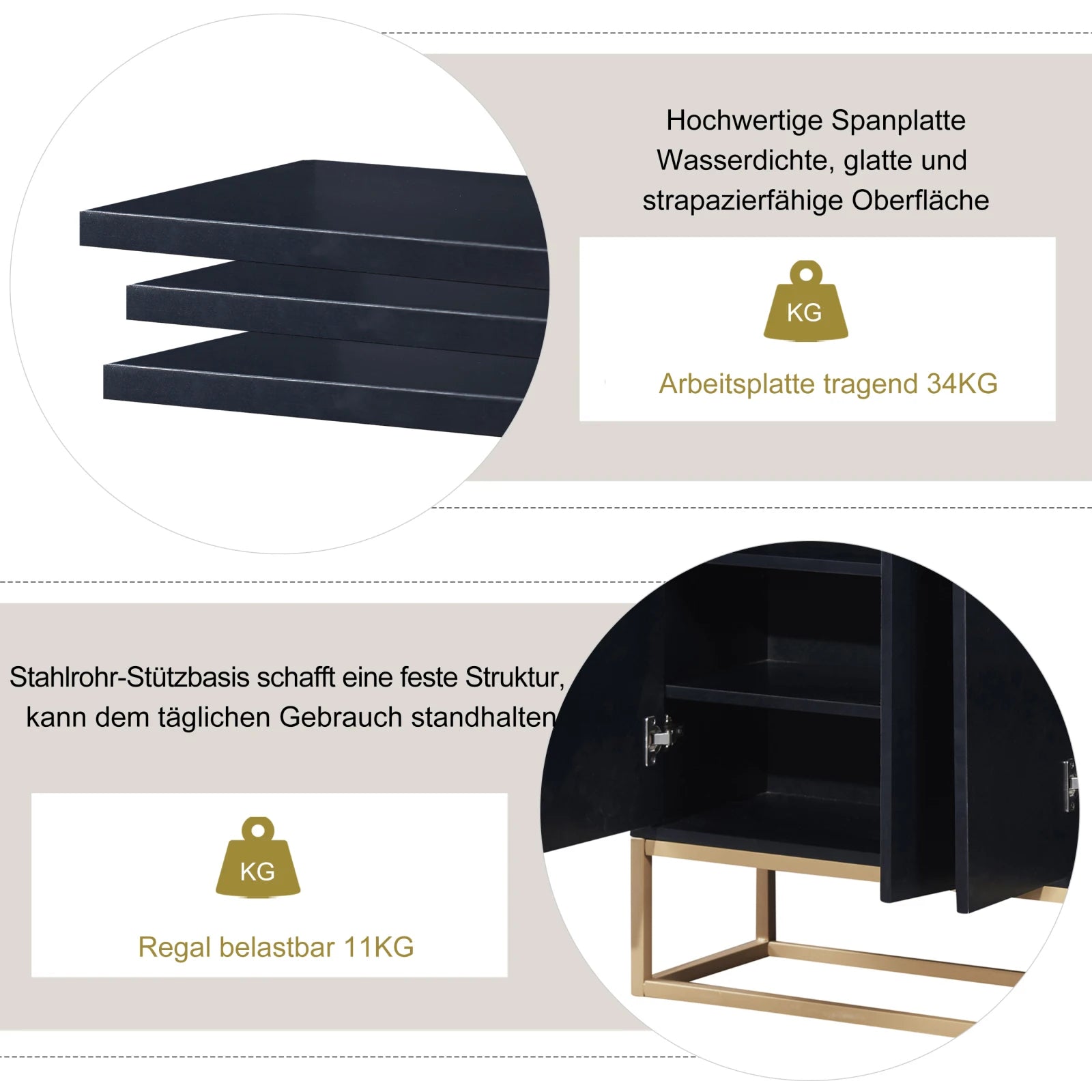Modernes 4-türiges Sideboard ohne Griffe – Minimalistisches Buffet für Esszimmer, Wohnzimmer & Küche (Schwarz)