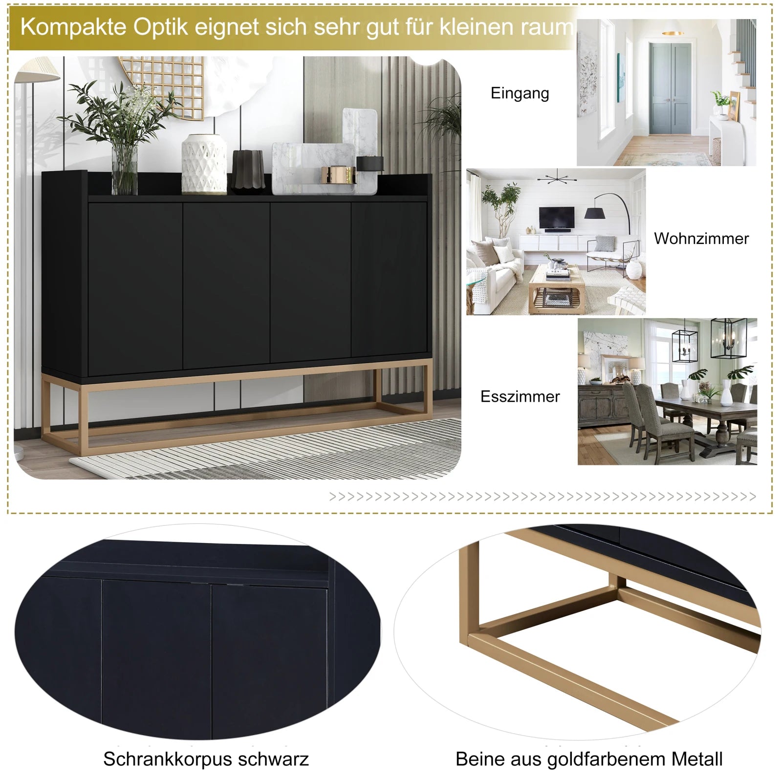 Modernes 4-türiges Sideboard ohne Griffe – Minimalistisches Buffet für Esszimmer, Wohnzimmer & Küche (Schwarz)