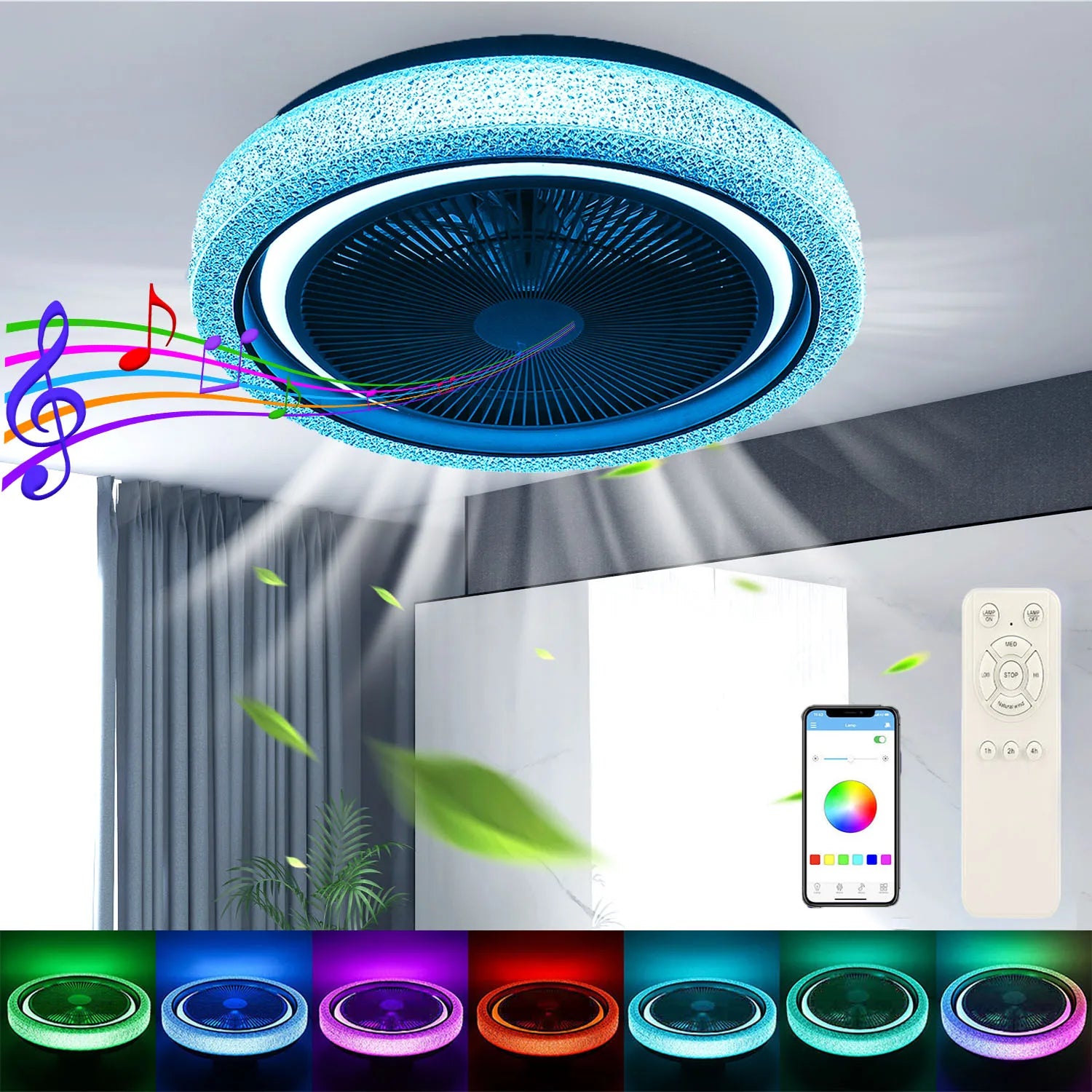 LED Deckenventilator mit Licht & Bluetooth Musik – Dimmbar, RGB Farbwechsel, Fernbedienung
