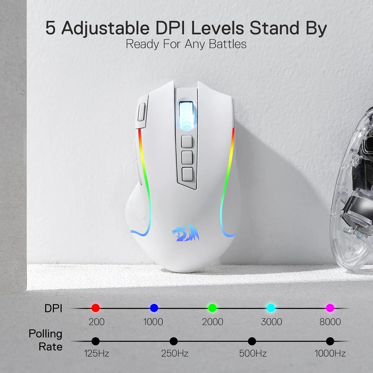 Redragon M612 PRO RGB 8000 DPI Wireless Gaming Mouse, White