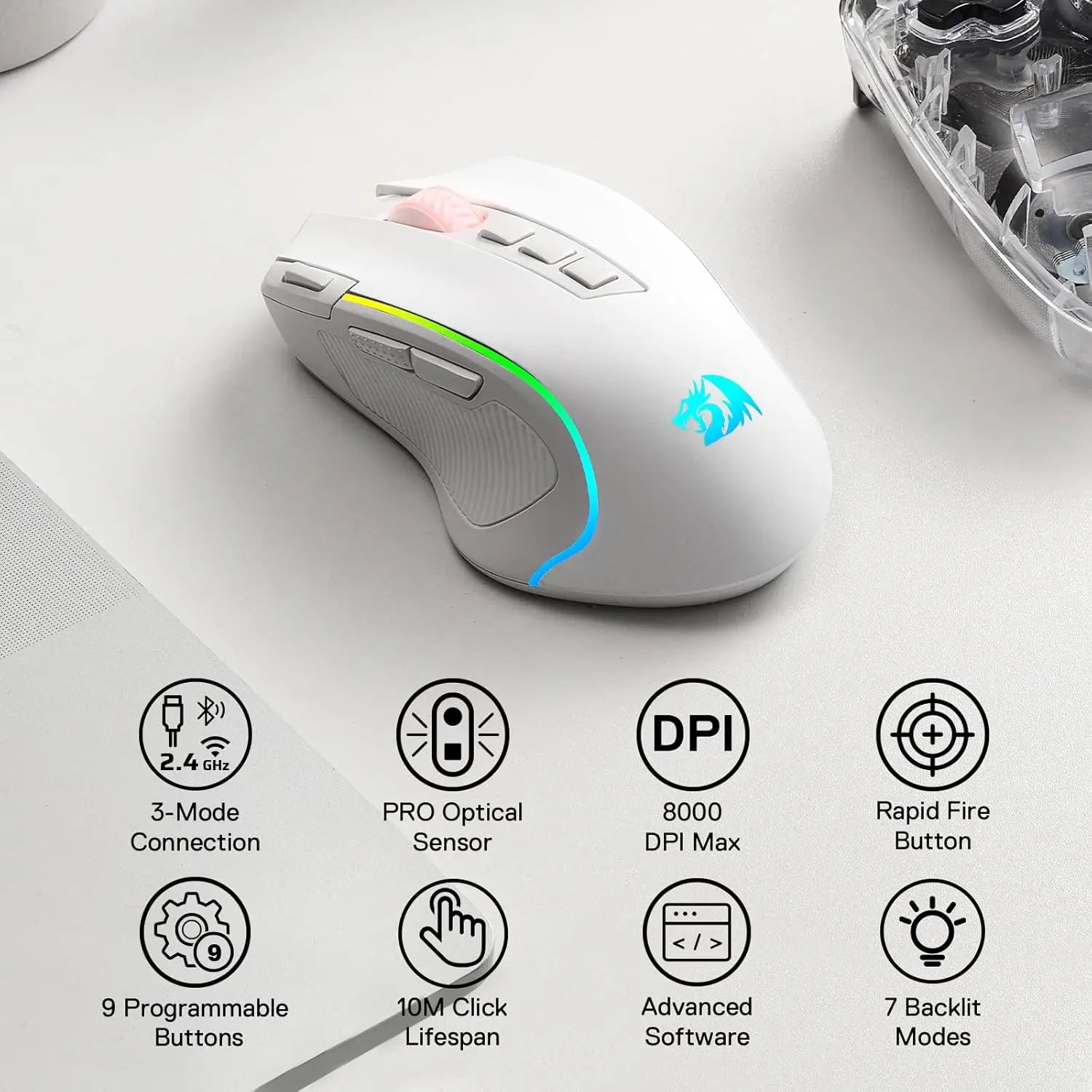 Redragon M612 PRO RGB 8000 DPI Wireless Gaming Mouse, White